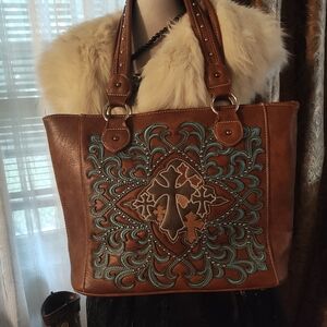 Chic Brown and Teal Embroidered Tote Bag